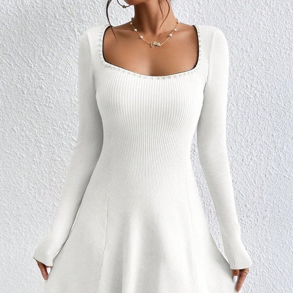 Sweetheart Neck Ribbed Knit Sweater Dress White - Picture 5 of 5